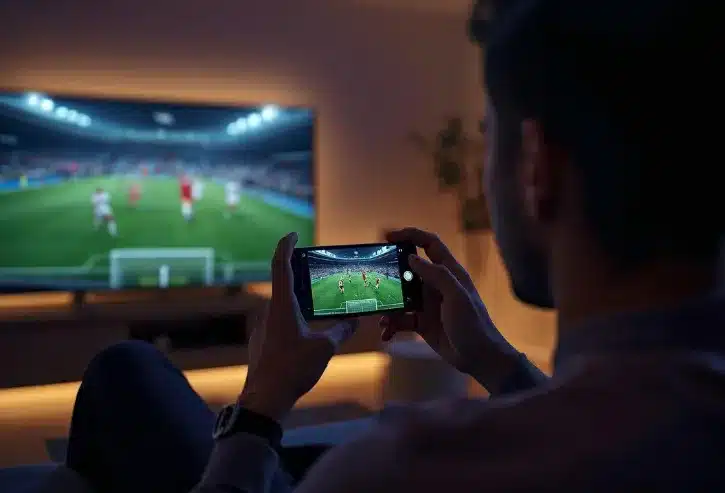 Person watching live football on TV and phone simultaneously with Watch TV Direct