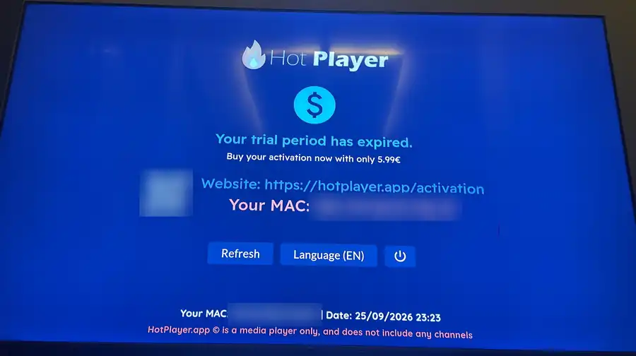 Hot Player on a smart TV showing the trial-expired screen and activation website, with the MAC address hidden
