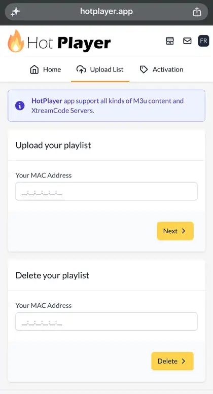 The Hot Player website on a phone, where you enter your TV's MAC address to upload a playlist