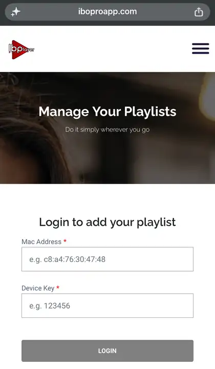 The IBO Player Pro website on a phone, asking for the MAC address and device key to add a playlist