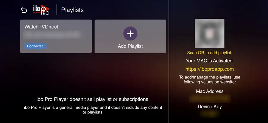IBO Player Pro on a smart TV showing where the MAC address and device key appear, with the codes hidden