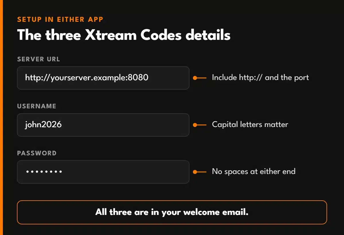 The three Xtream Codes login details: server URL, username and password, with tips for entering each one